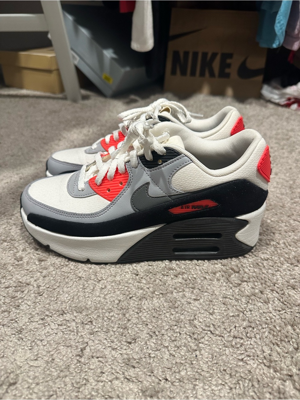 Nike Women’s Air Max 90 in White, Gray, Black, Red